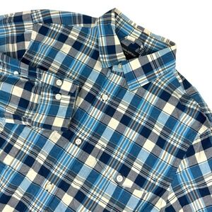 Banana Republic Men's Medium Plaid Shirt LS Button Down Teal Blue White Cotton